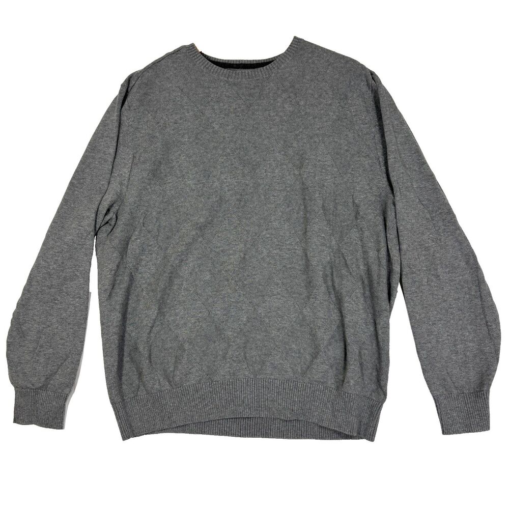 St. John's Bay Sweater Gray Argyle Textured Knit Cotton Crew Neck Academia XL